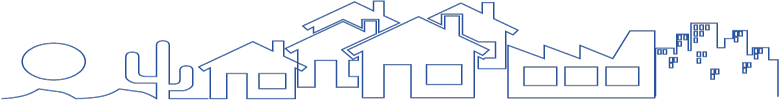 line drawing of vacant land, single home, community, factory, city